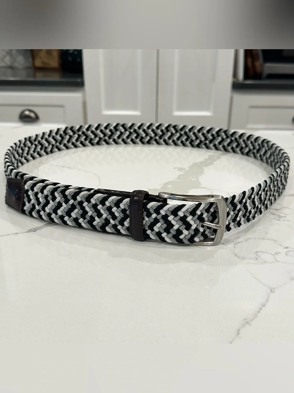 Greg Norman Braided Stretch Golf Belt 44 Black White Gray Herringbone Leather